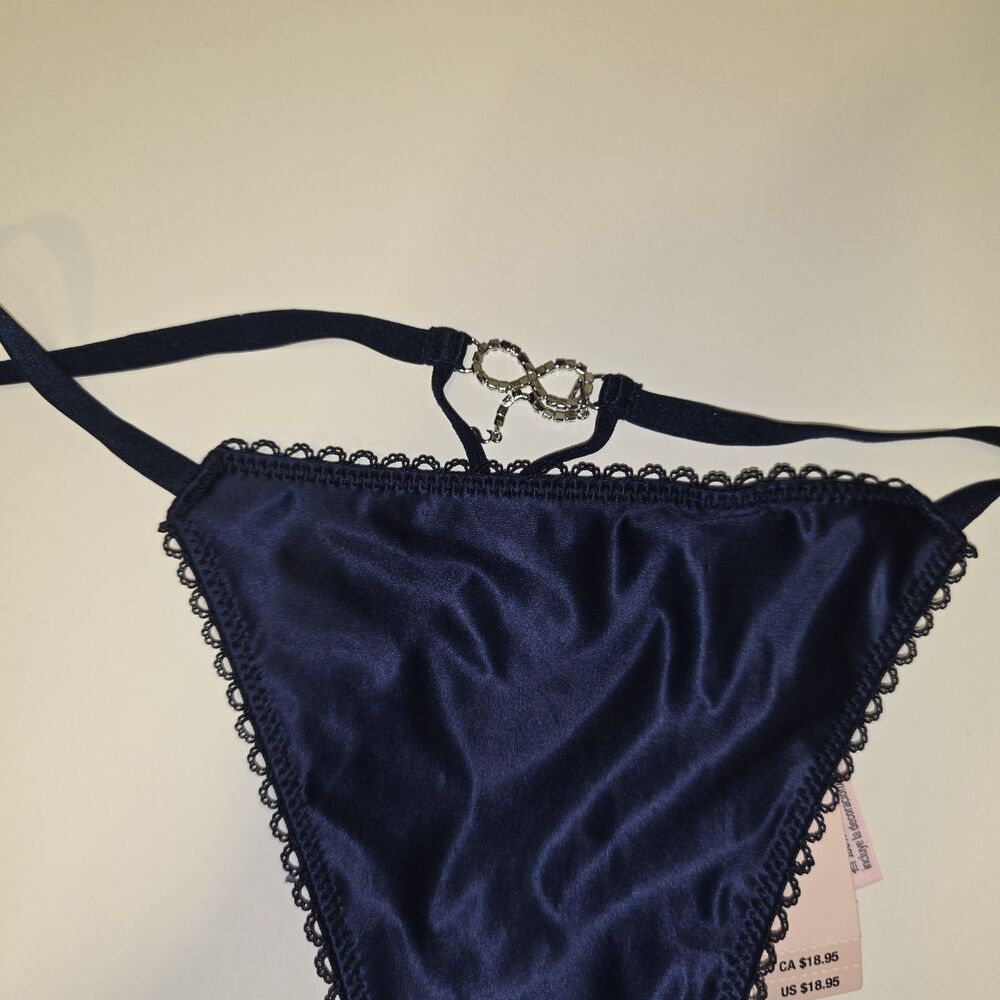 Victoria's Secret XS Navy Satin Lace Trim V-String Thong Panty Rhinestone